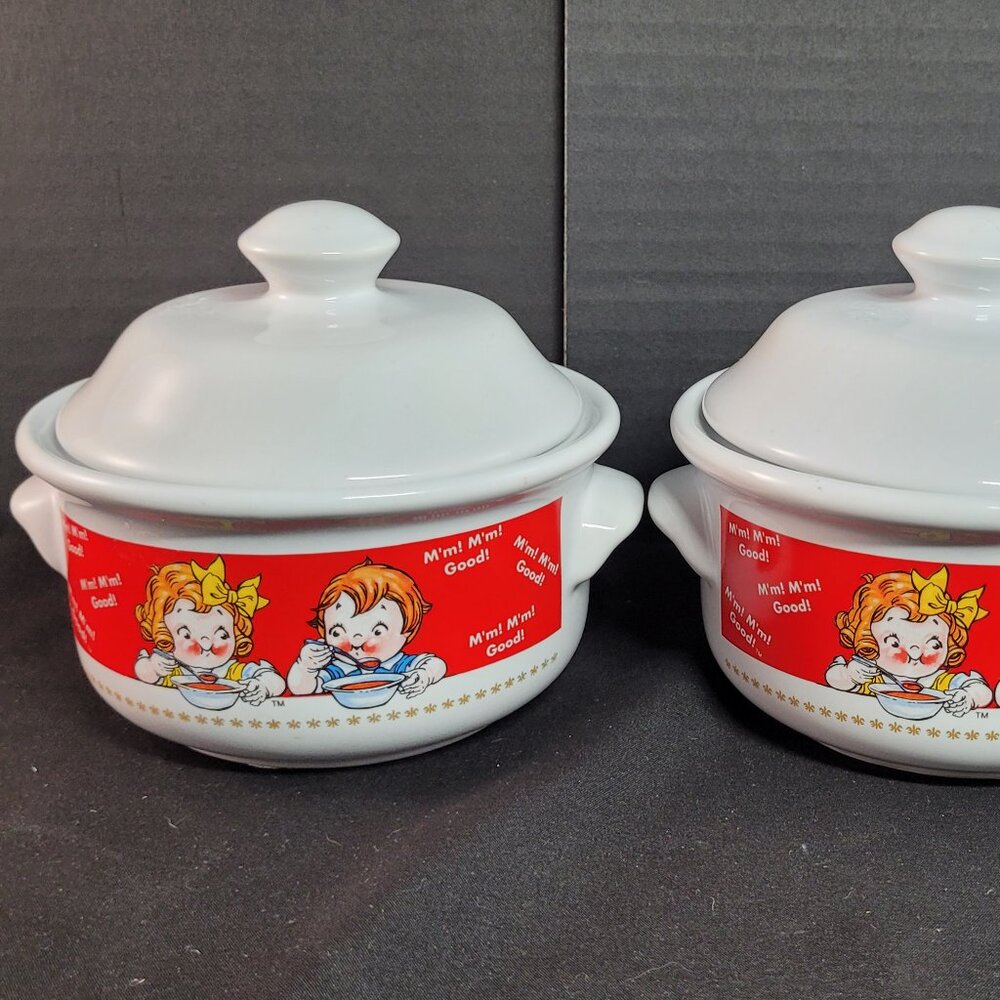 Set of 2 Collector Campbell Soup Bowl W/ Lid 1998 Soup Kids Houston Harvest